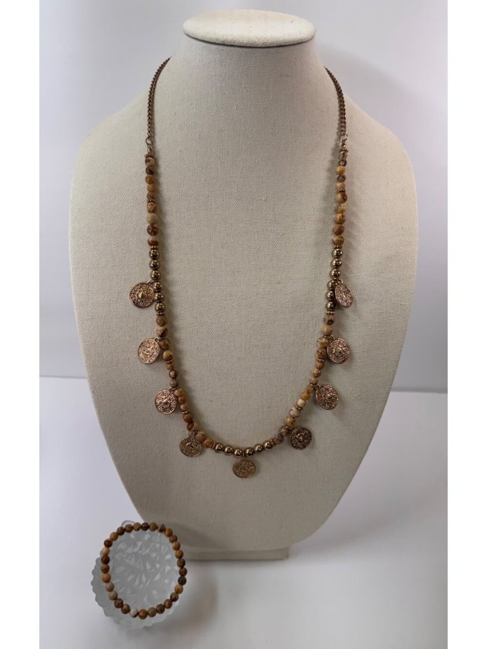 Picture Jasper Gold Tone Medallion Necklace Bracelet Set Boho Statement
